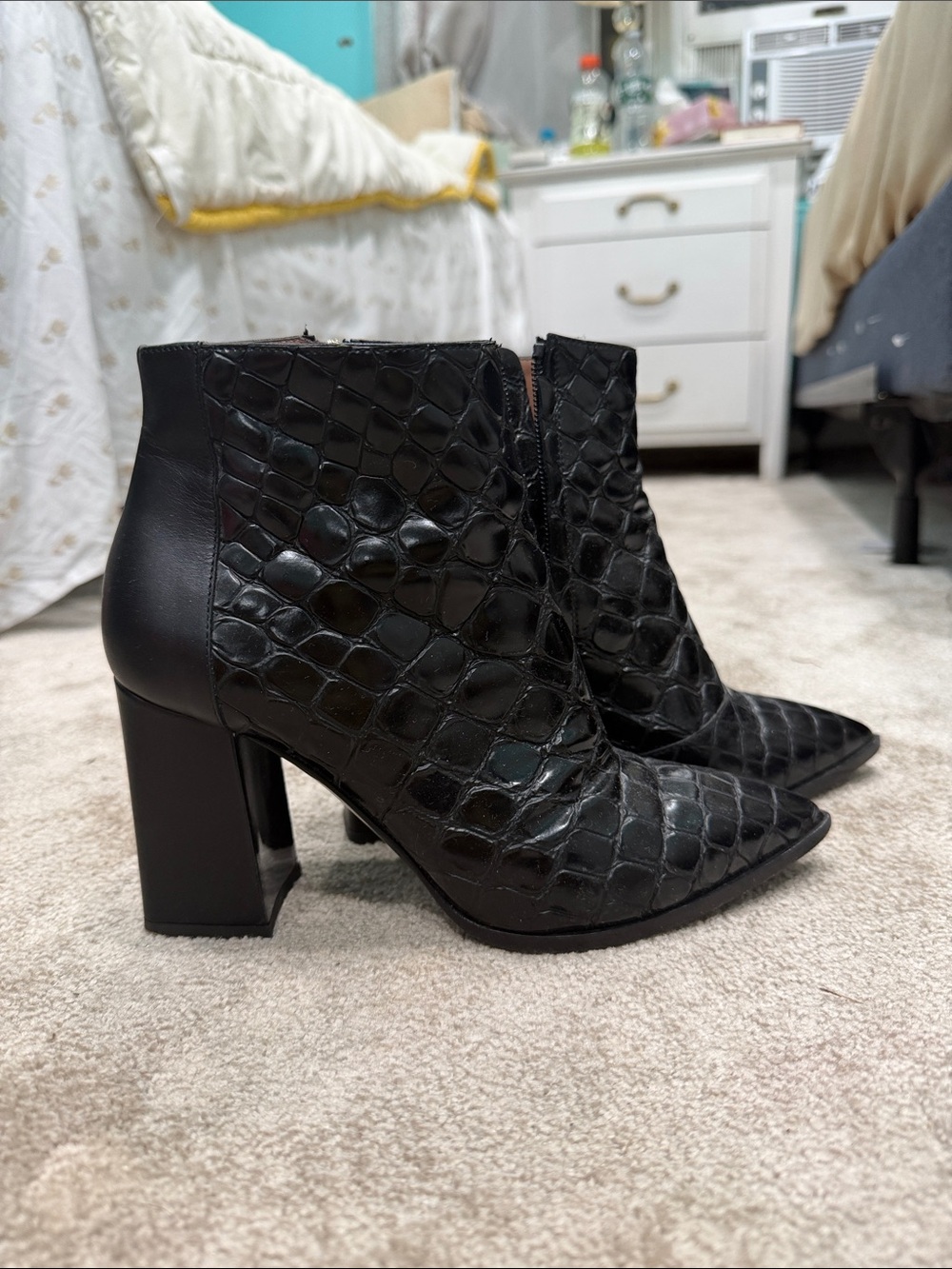 Pollini Black Croc-Embossed Pointed Toe Block Heel Ankle Boots